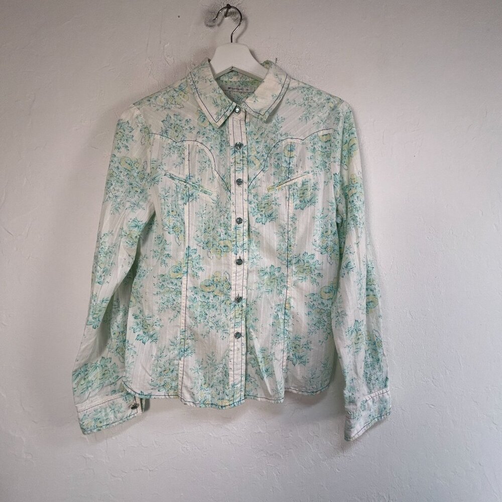 Chatelaine Womens Floral Print Button Up Western Shirt Size 95 Light Blue White